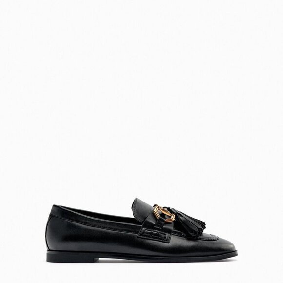 NEW Zara Women's MOCASSIN WITH TASSEL Black/Gold Loafers - Picture 4 of 10